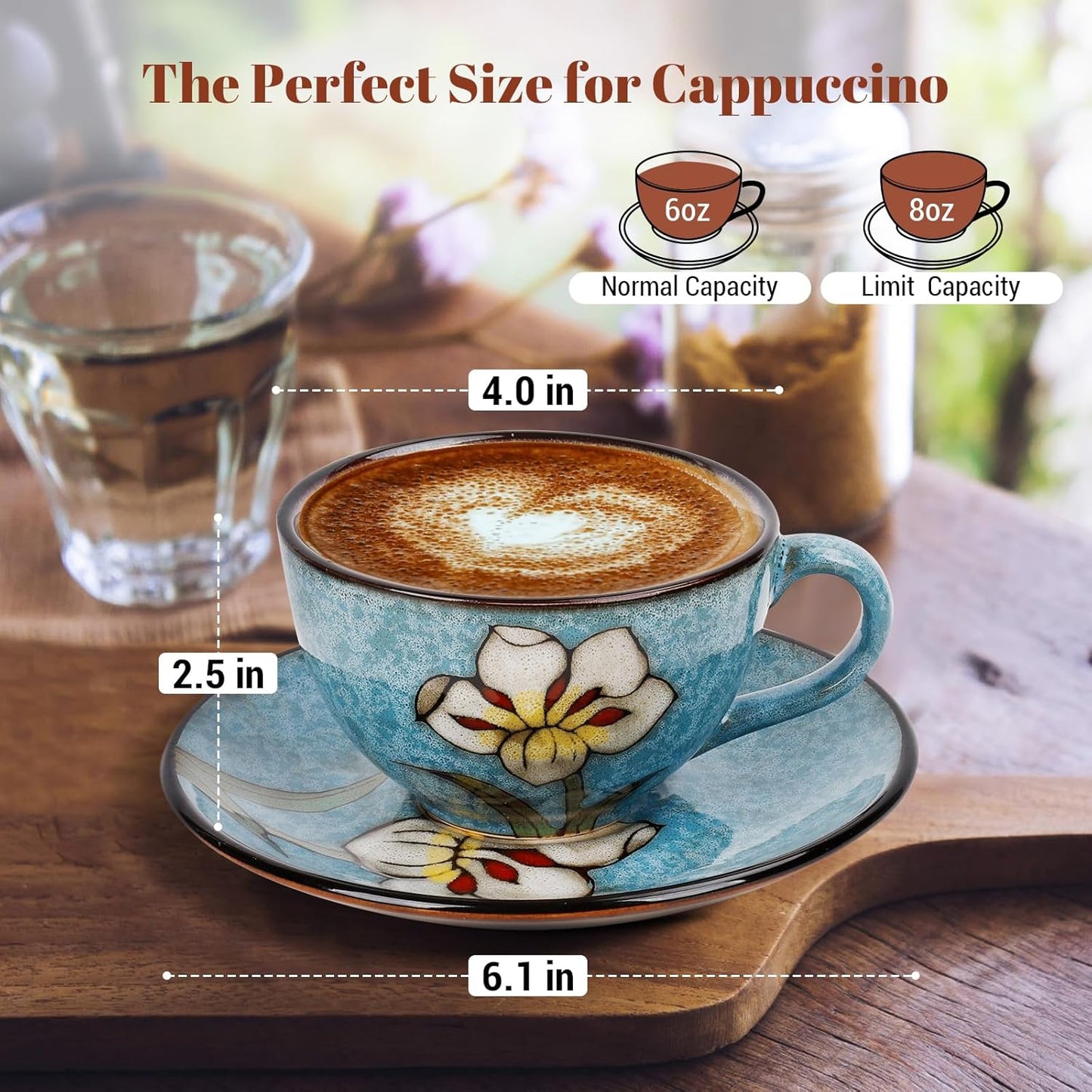 Cappuccino Cups Set of 4, 8 Oz Ceramic Coffee Cups with Saucers for Espresso, Tea, Latte – Hand-Painted Porcelain Underglaze Design