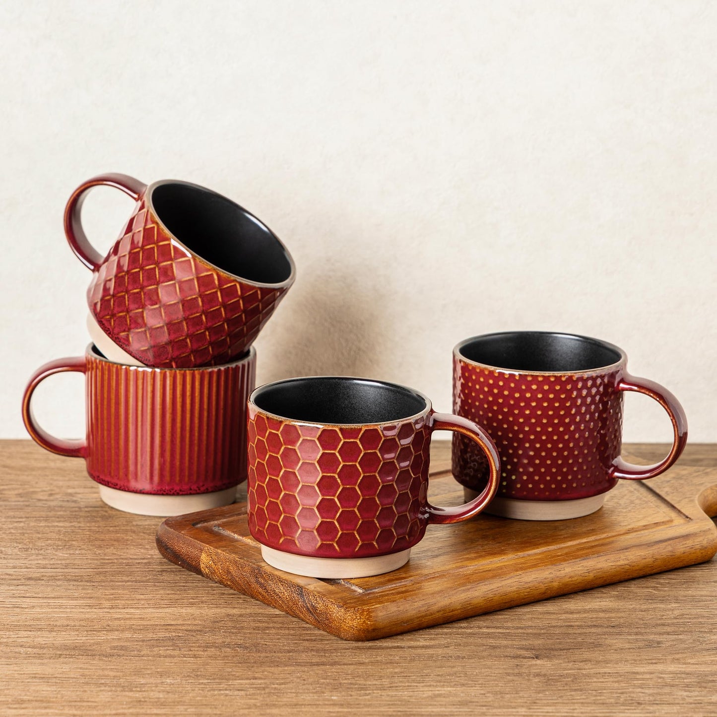 GBHOME 12 OZ Stackable Coffee Mugs, Ceramic Coffee Cups with Texture Patterns for Man,Woman,Dad,Mom, Modern Mugs Set of 4 for Latte/Cappuccino/Cocoa. Dishwasher&Microwave Safe
