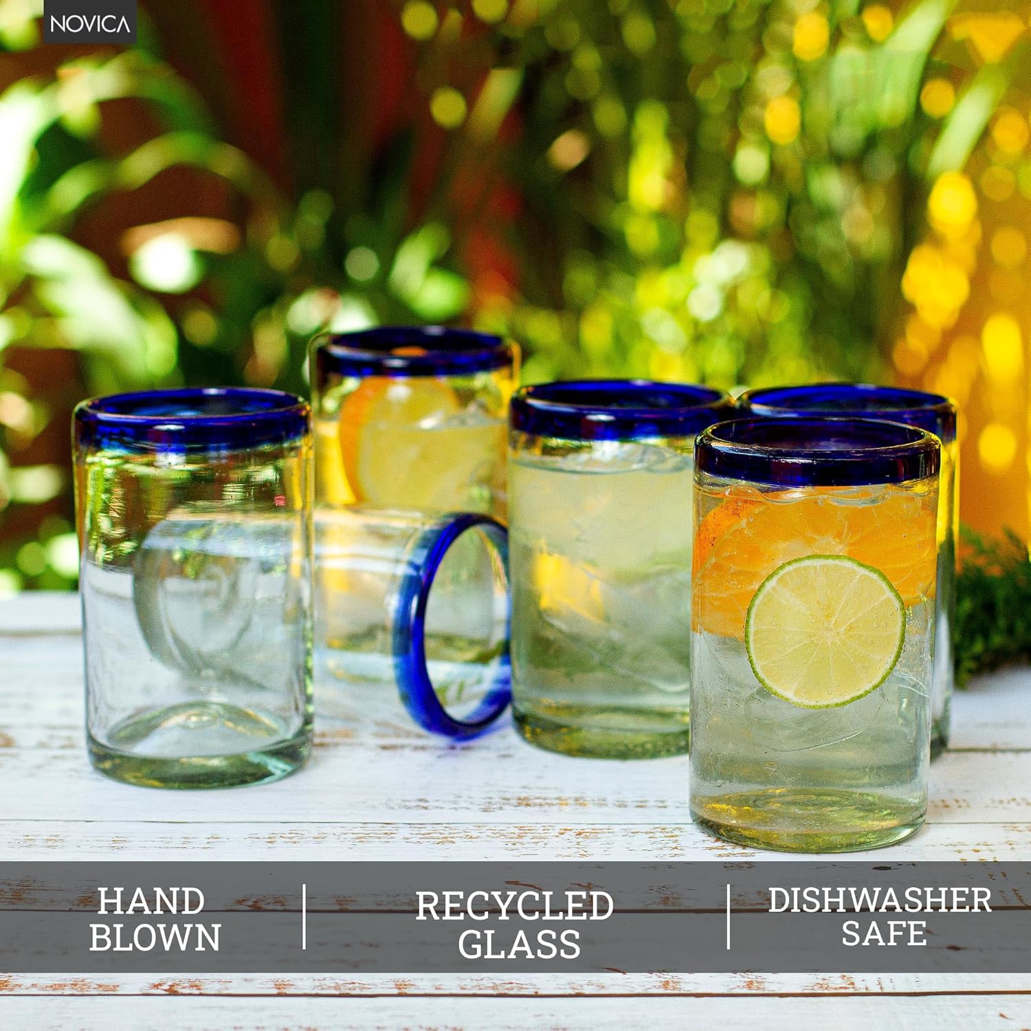 NOVICA Artisan Crafted Hand Blown Clear Blue Rim Recycled Glass Juice Glasses, 4.3In H X 2.6In Diam. 8 Oz. 'Cobalt' (Set Of 6)