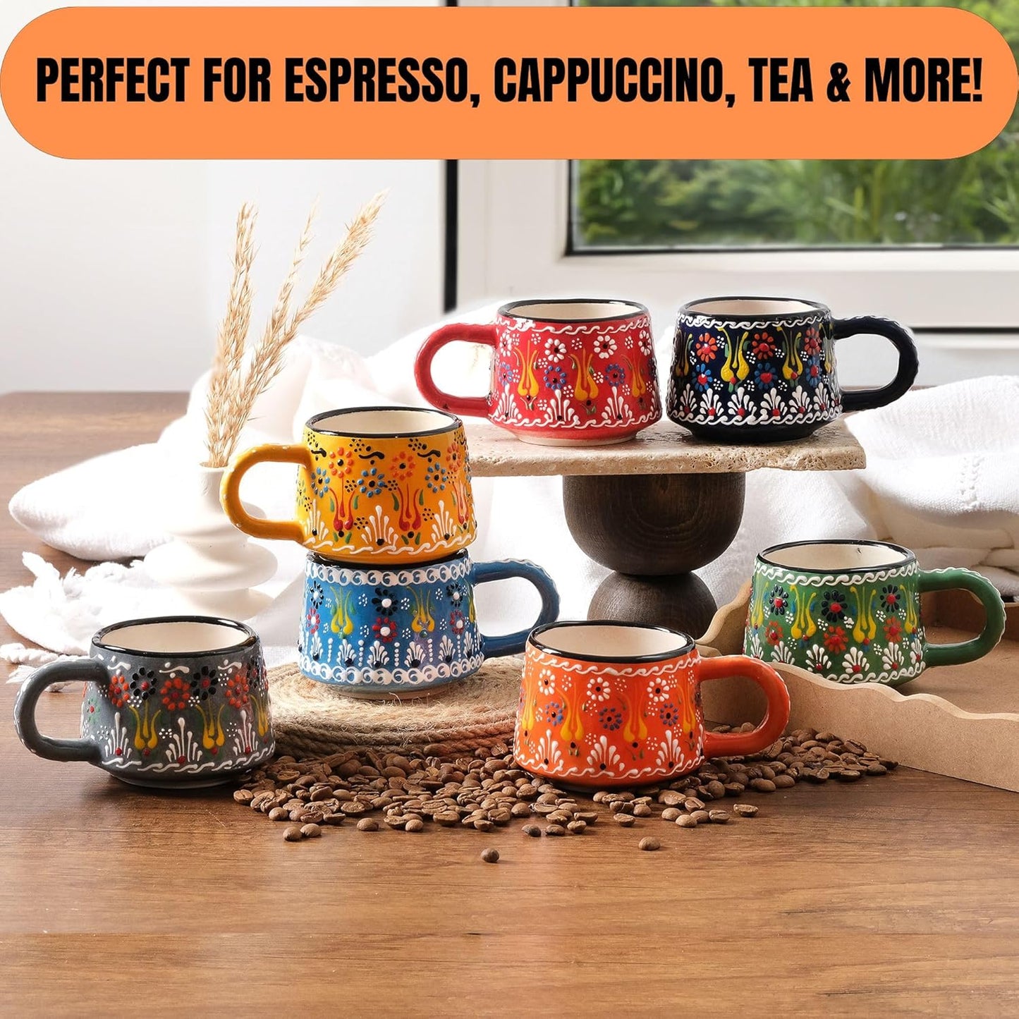 BCS 6 Oz Cappuccino Cups Set of 2, Ceramic Coffee & Tea Mugs, Colorful Handmade Cups, Dishwasher & Microwave Safe Ceramic Mugs (3 Inches, Orange - Green)