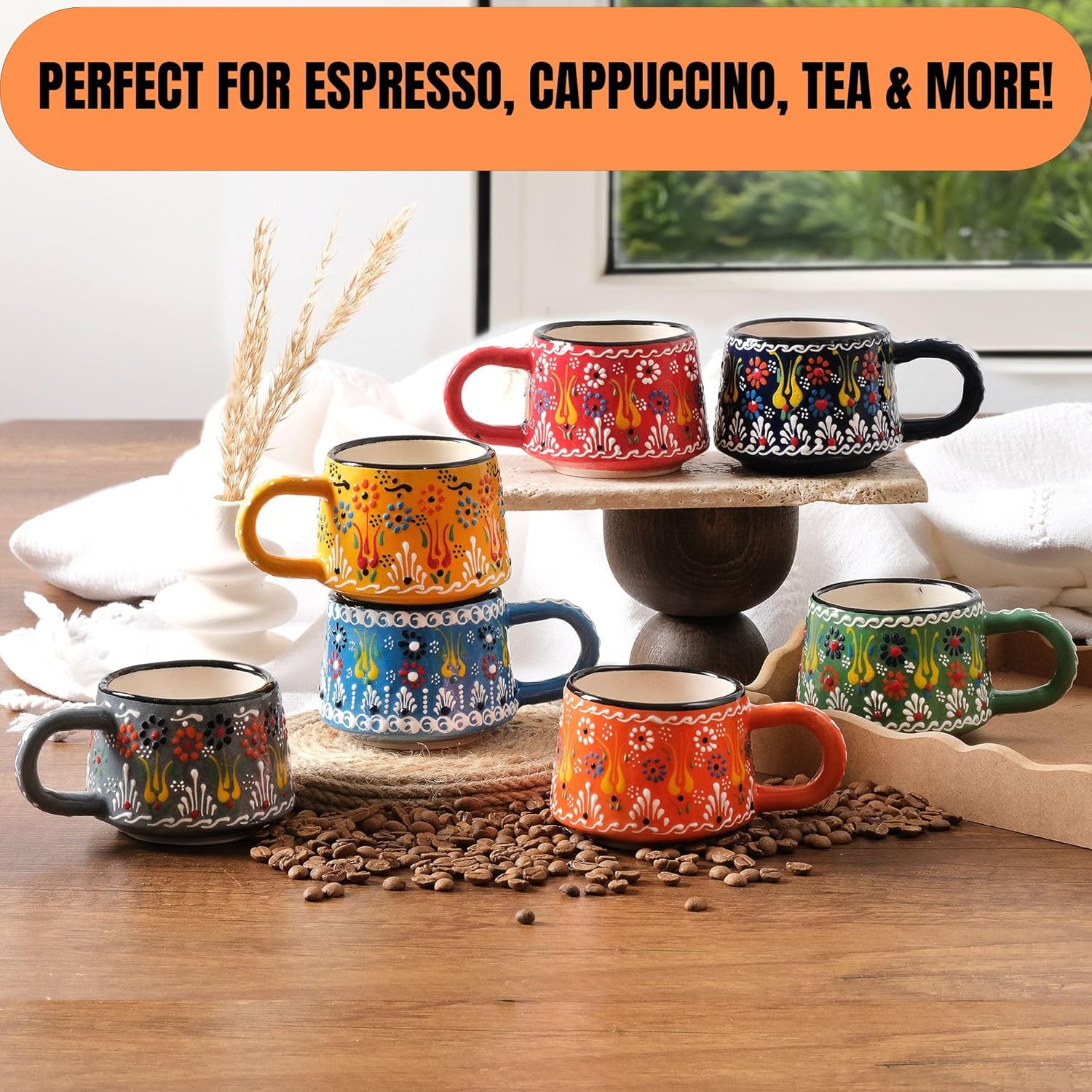 BCS 6 Oz Cappuccino Cups Set of 2, Ceramic Coffee & Tea Mugs, Colorful Handmade Cups, Dishwasher & Microwave Safe Ceramic Mugs (3 Inches, Orange - Green)