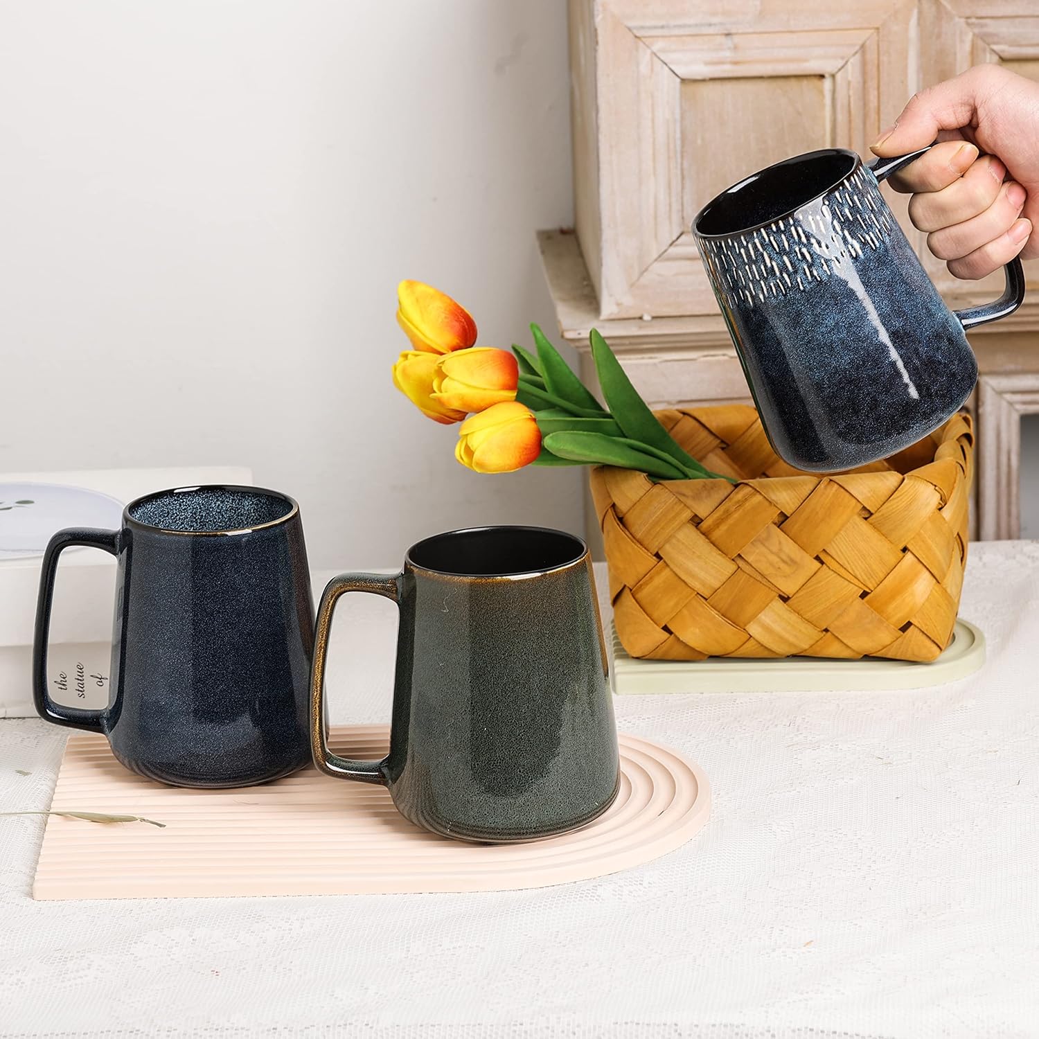 Large Ceramics Coffee Mugs,24 oz,Large Handle Design,Extra Large Tea and Coffee Cup for Office and Home,Microwave and Dishwasher Safe(Color:24 oz green)