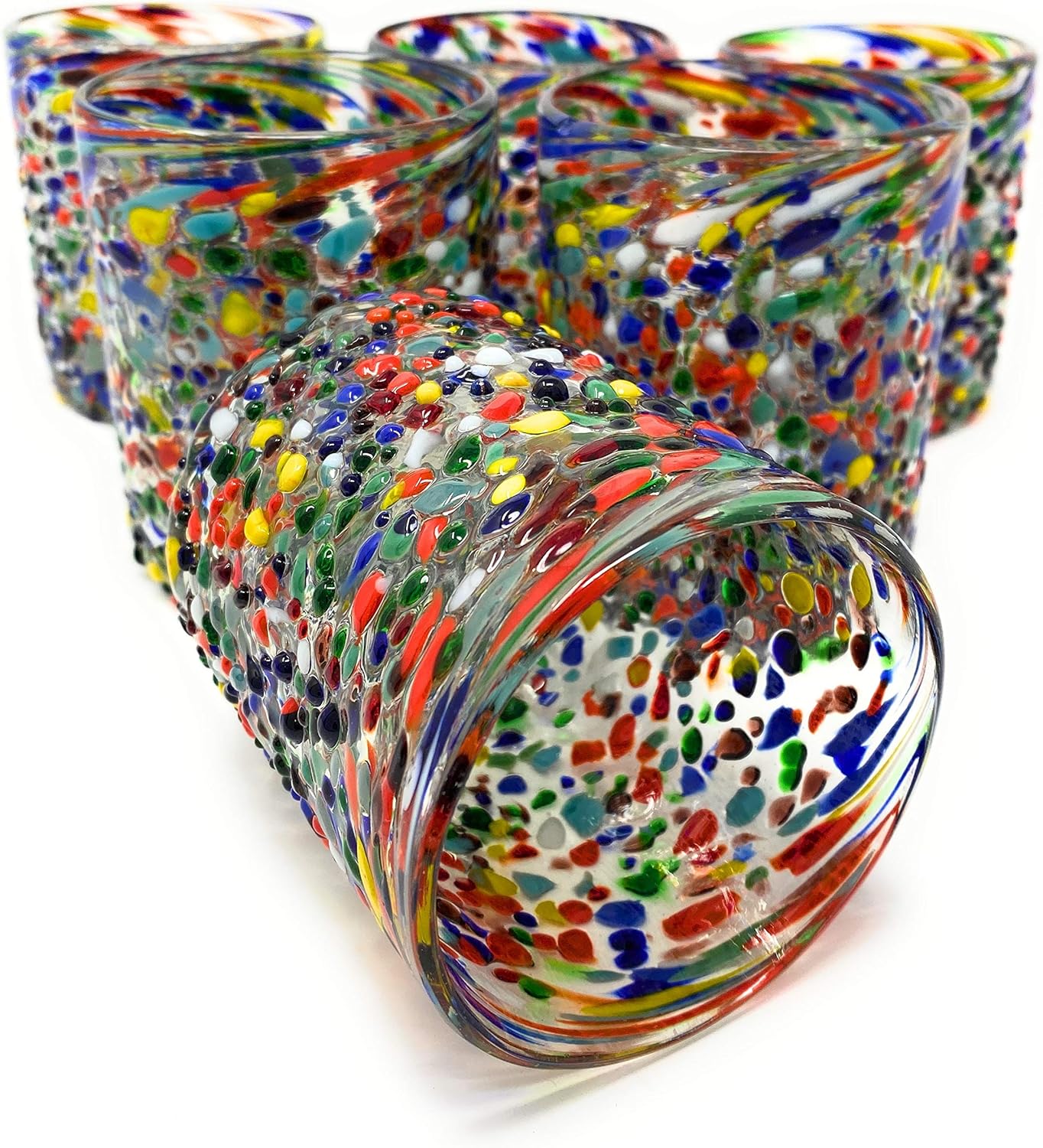 Hand Blown Mexican Drinking Glasses – Set of 6 Confetti Rock Tumbler Glasses (10 oz each)