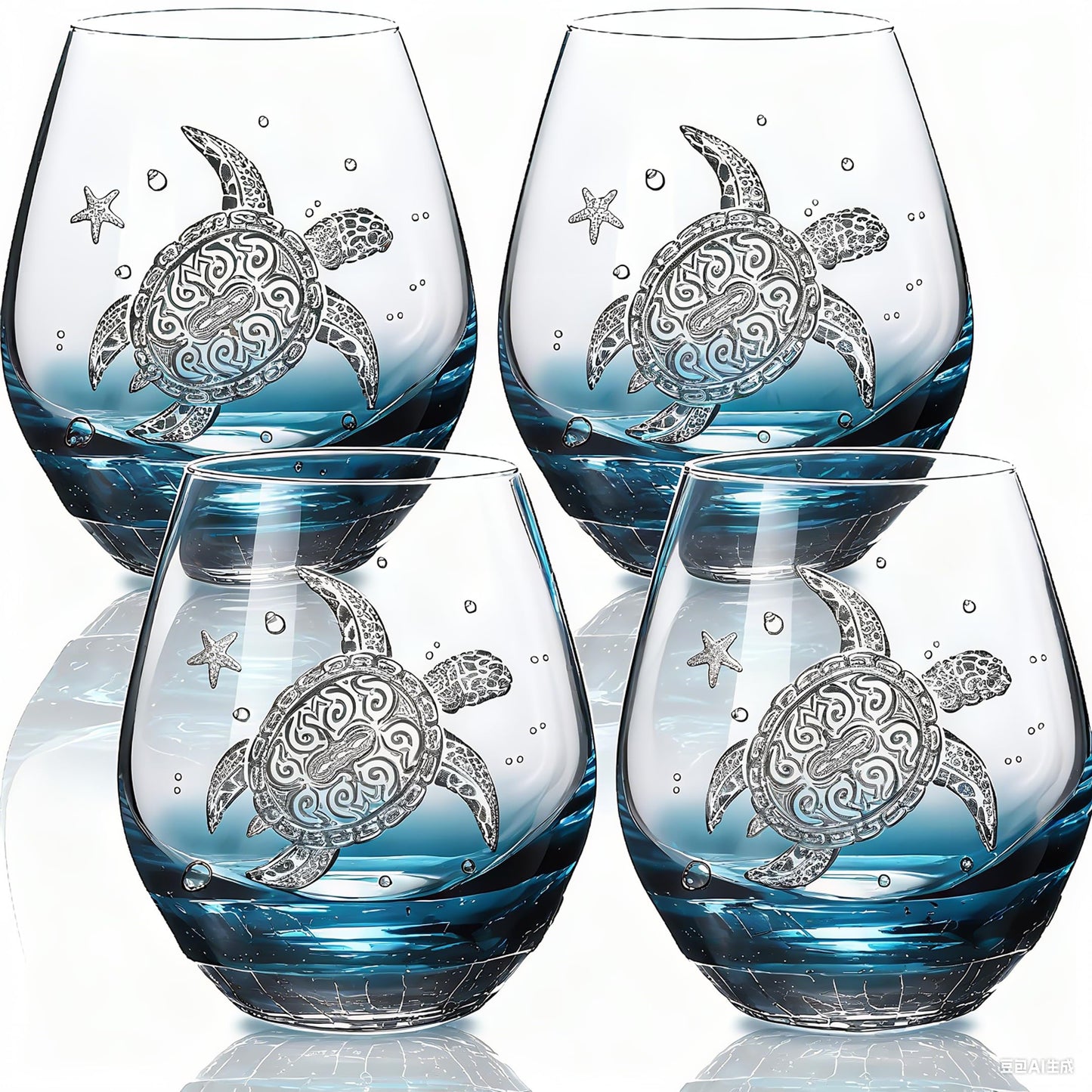 Sea Turtle Wine Glasses Set 2-13.3oz Crackle Teal Design, Hand blown Tortoise Wine Tumbler,Sea Turtle Gifts for Women, Birthday/Housewarming/Christmas Gifts for Seaturtle Lovers(2Count, Black)