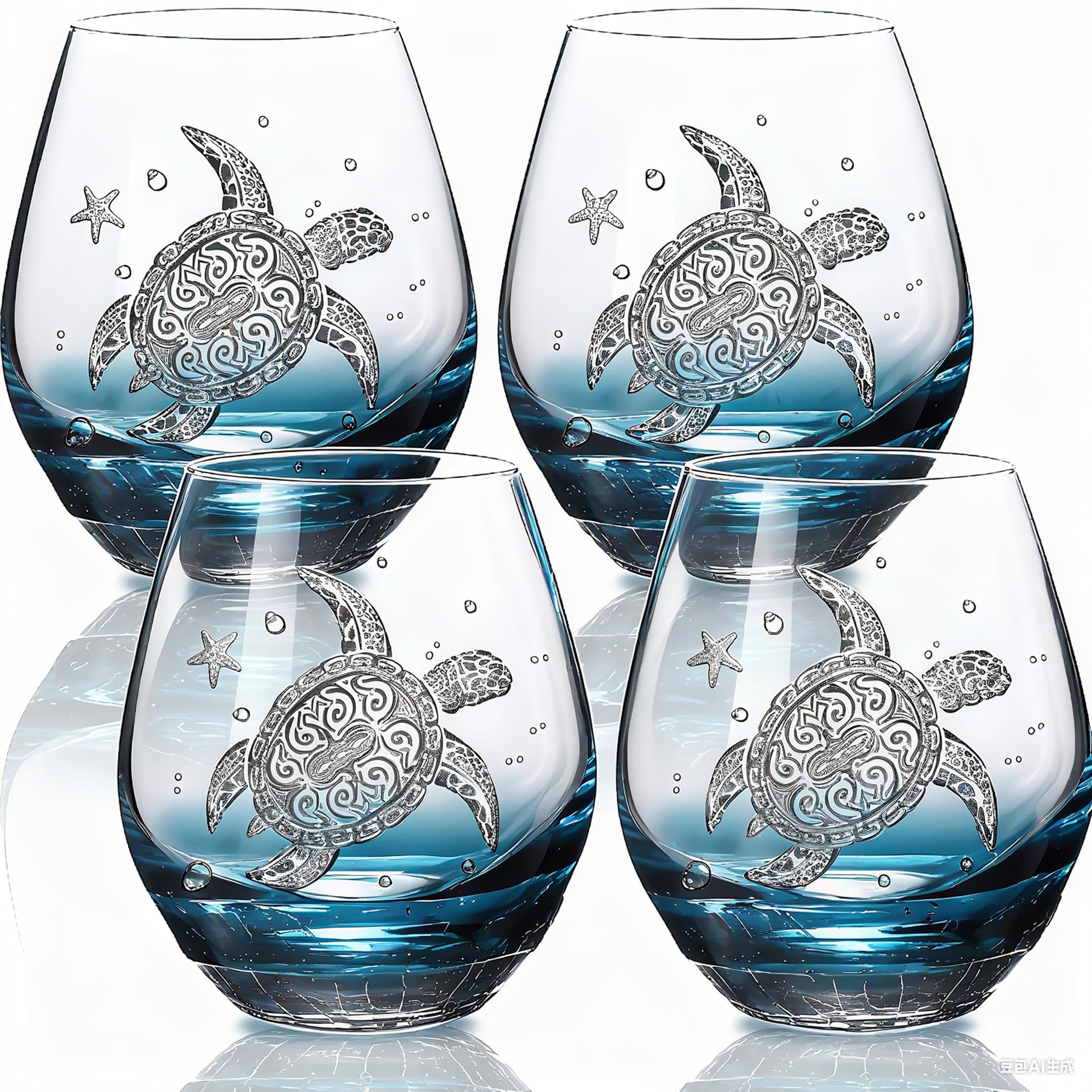 Sea Turtle Wine Glasses Set 2-13.3oz Crackle Teal Design, Hand blown Tortoise Wine Tumbler,Sea Turtle Gifts for Women, Birthday/Housewarming/Christmas Gifts for Seaturtle Lovers(2Count, Black)