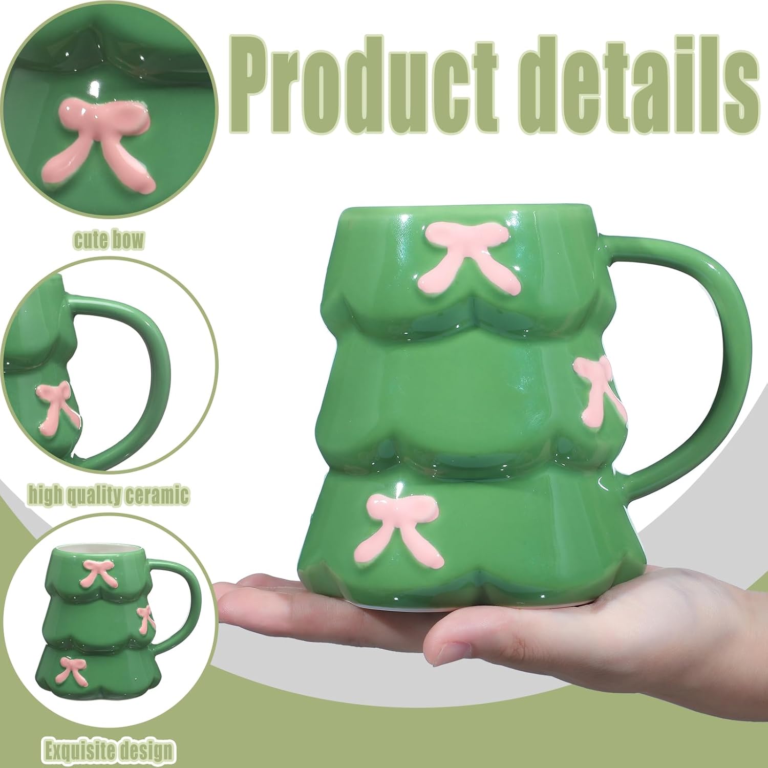 2 Pcs Christmas Tree Mug with Pink Bows 18oz Green Holiday Ceramic Coffee Mug, Cute Tree Shape Cup for Hot Cocoa, Tea, Latte, Festive Christmas Winter Gift for Women Holiday Lovers