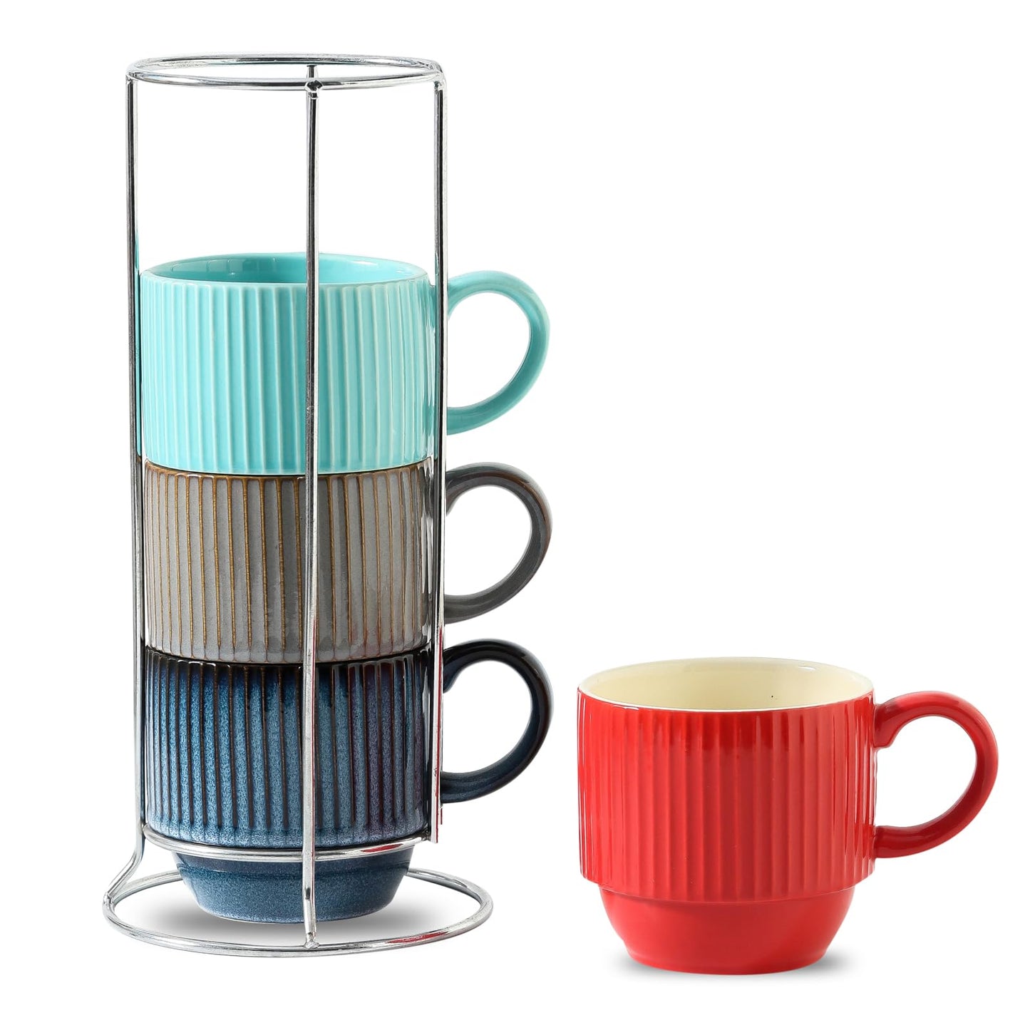 Hasense Coffee Mug Ceramic Set of 2 with Stand - 15 oz Stackable Coffee Cups for Wedding & Housewarming Gifts - Microwave Dishwasher Safe, Navy Blue