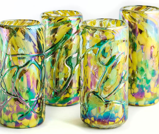 Specialty Mexican Tequila Glasses, Hand-Blown with Unique Color & Texture Set of 4 pieces - Confetti (Golden Glow)